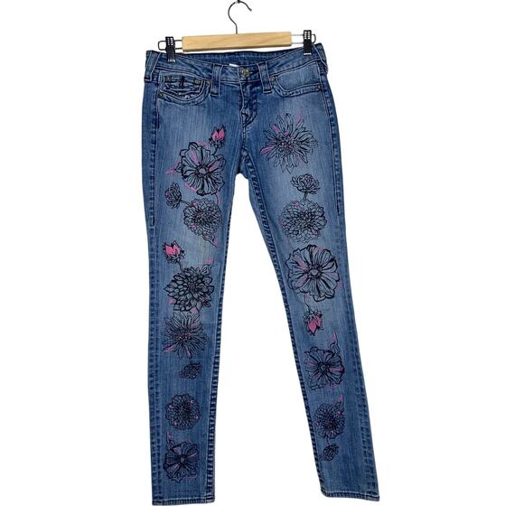 True Religion Denim - True Religion World Tour Indigo Dreaming Flower Skinny Jeans Low Rise Size 28